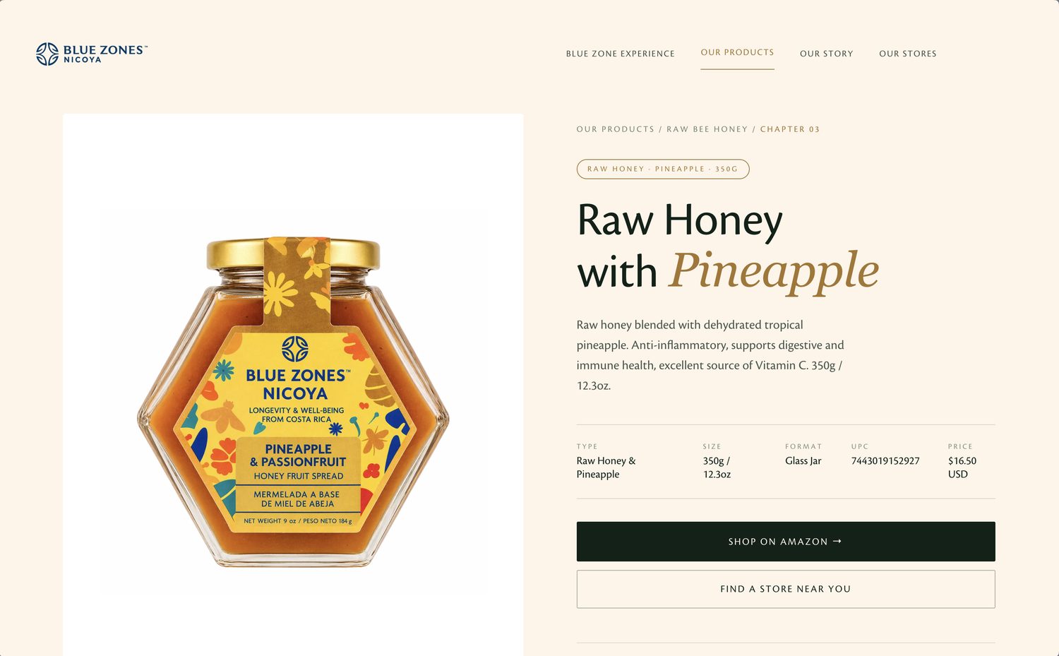Blue Zones — raw honey product detail page